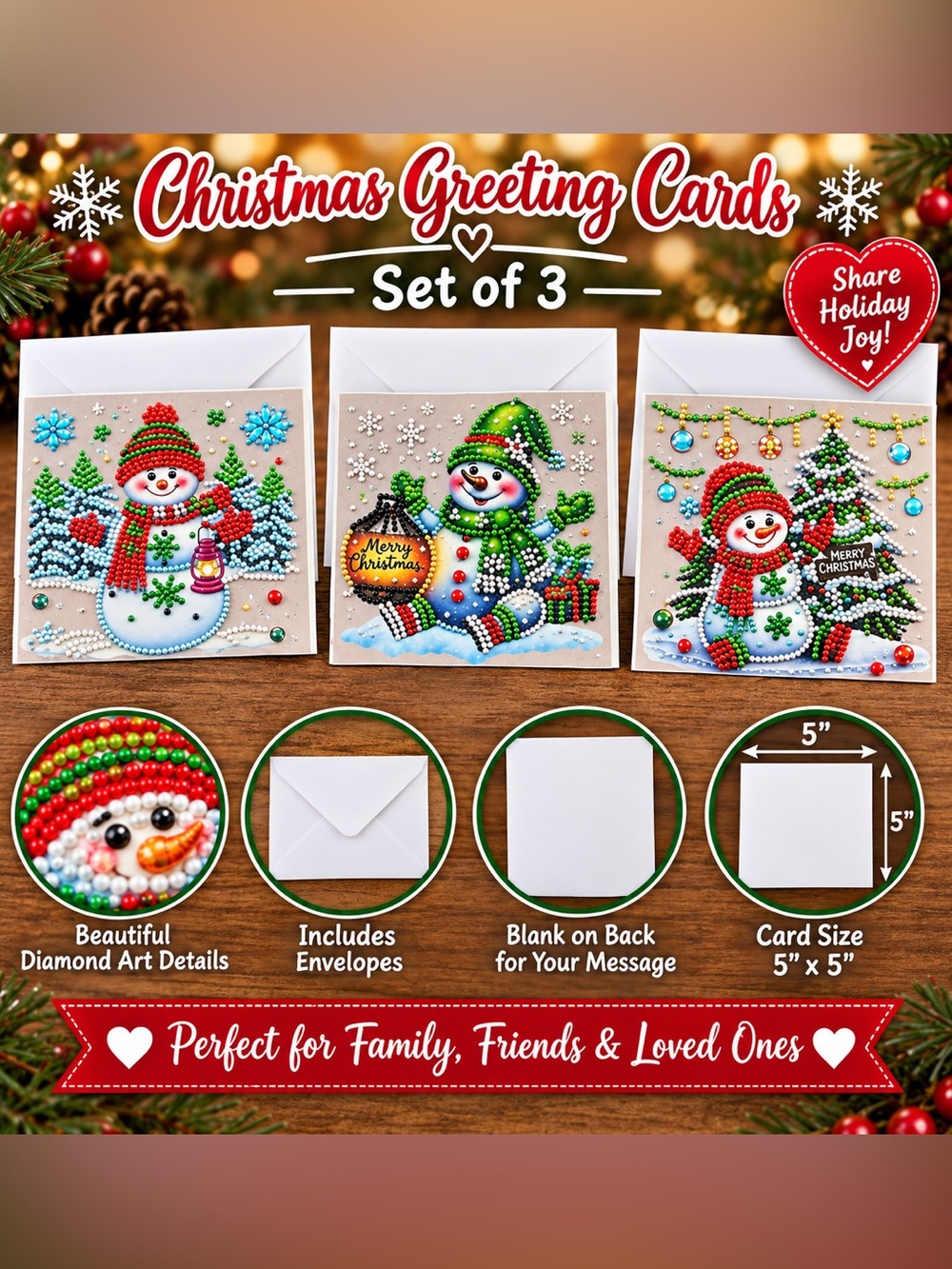 Diamond Art Snowman Greeting Cards – Set of 3 with Envelopes Sealed